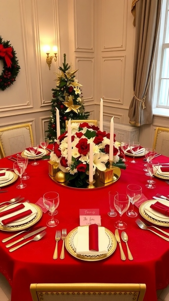 A square Christmas table setting with red tablecloth, elegant dinnerware, and festive centerpiece.